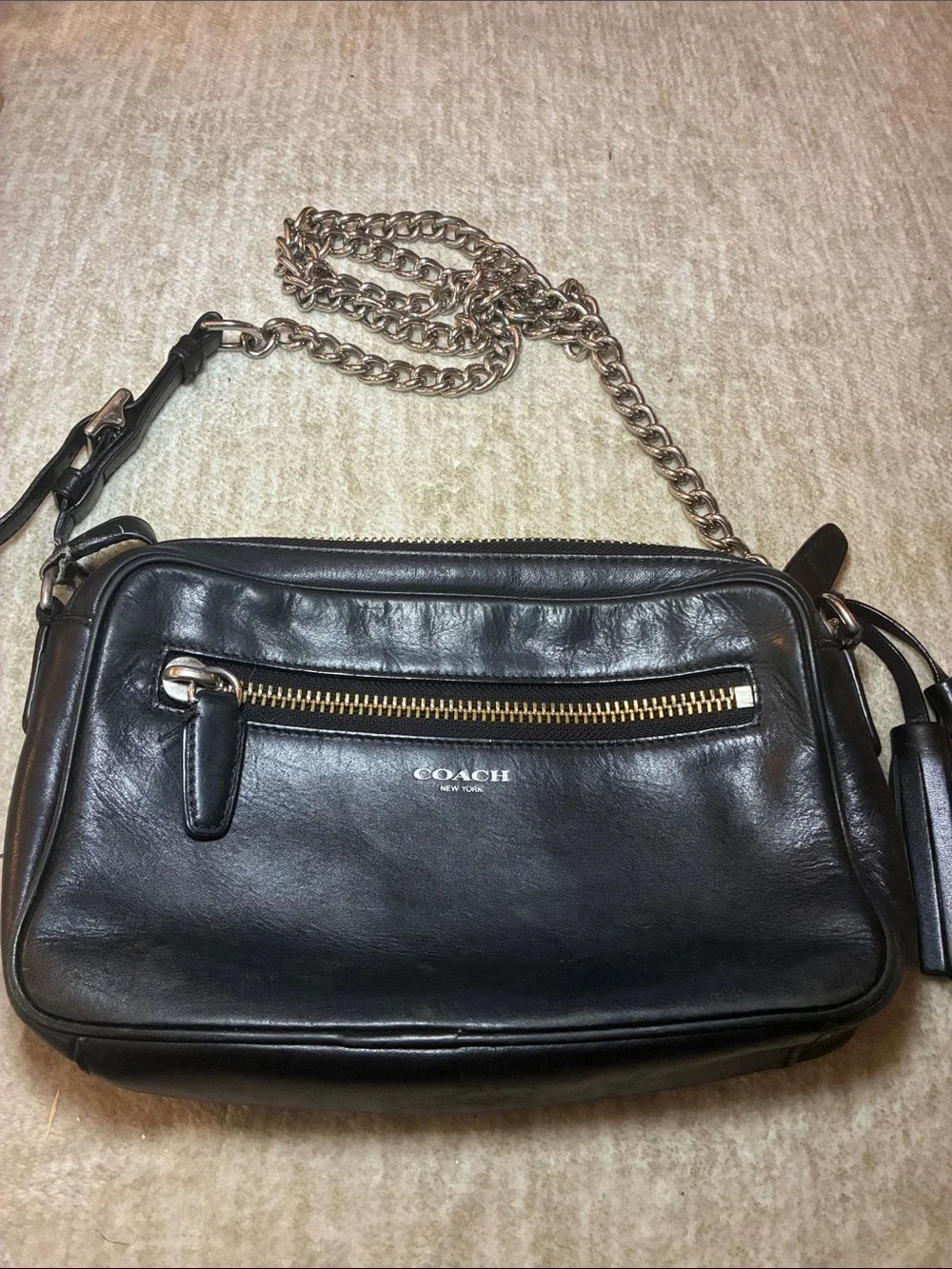 Coach Black Leather Crossbody with Chain Strap and Tassel